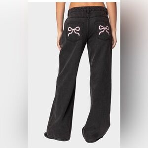 Edikt Low Rise Black Jeans with Embroidered Pink Bows